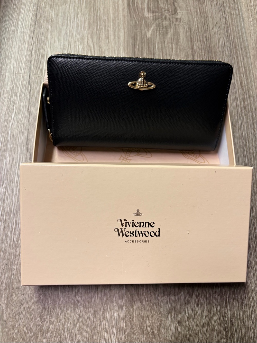 Vivienne Westwood Black Leather Zip Wallet with Gold Orb